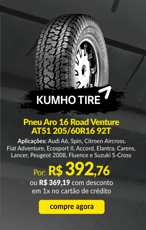 Pneu Kumho Aro 16 Road Venture AT51 205/60R16 92T - Por R$ 392,76 ou R$ 369,19 com 6% de desconto em 1x no cartão de crédito - Compre agora!